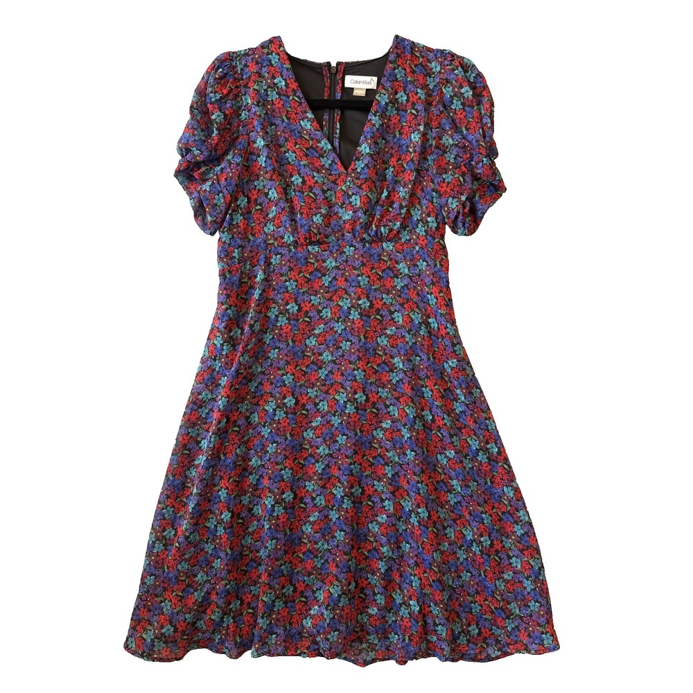 Calvin Klein Floral Chiffon Dress 6 V Neck Puff Sleeve Fit & Flare Cottagecore